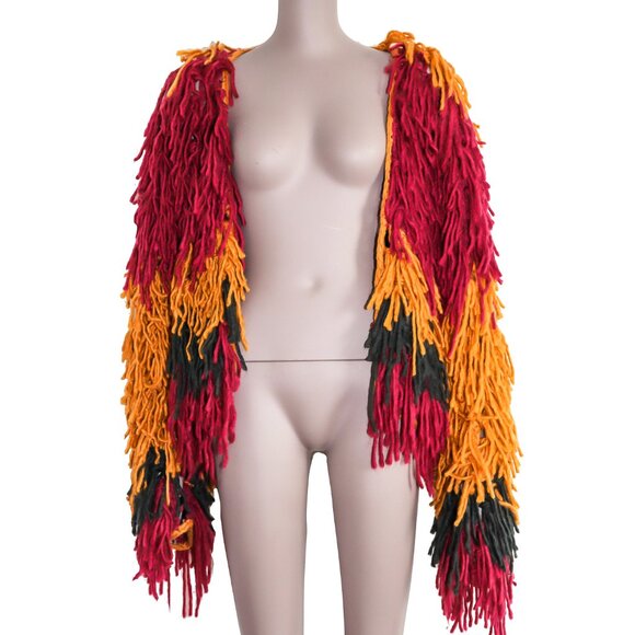 Vintage Handmade Crochet Shaggy Fringe Cardigan Coat Bohemian Jacket Size Medium